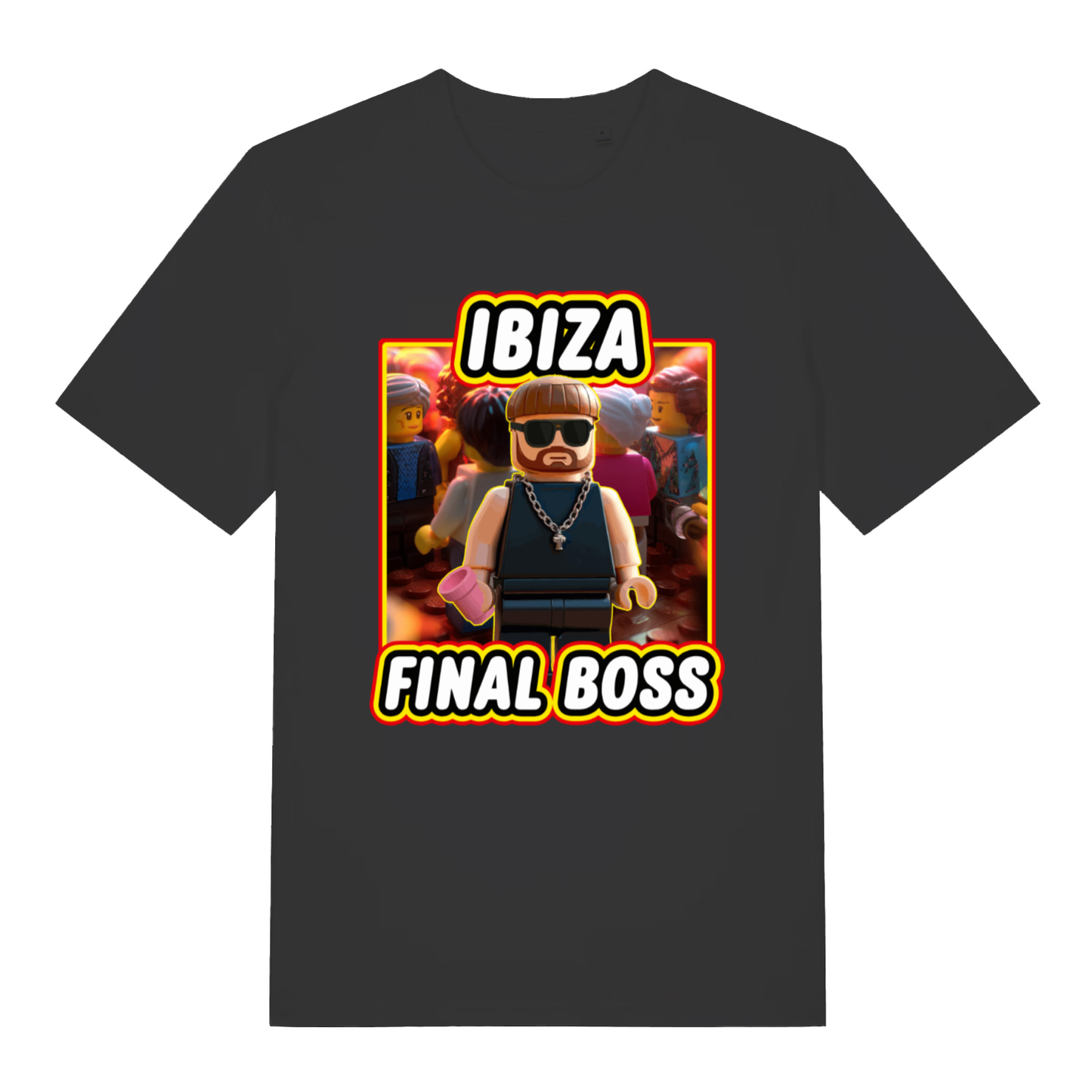 Black Ibiza Final Boss funny graphic t-shirt featuring viral Lego Ibiza character and “IBIZA FINAL BOSS” slogan  