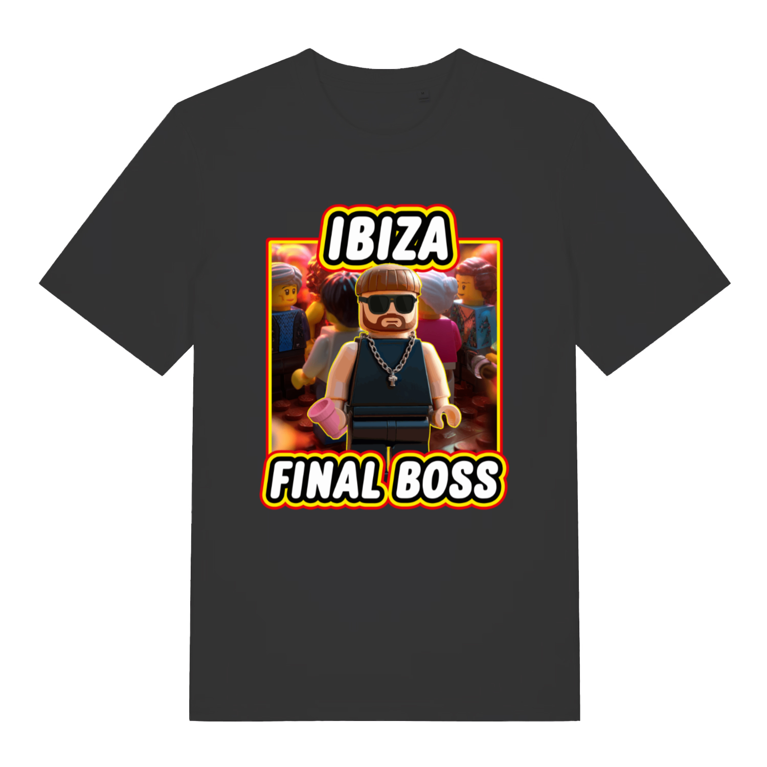 Black Ibiza Final Boss funny graphic t-shirt featuring viral Lego Ibiza character and “IBIZA FINAL BOSS” slogan  