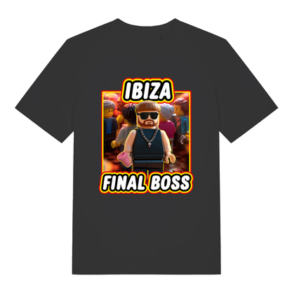 Black Ibiza Final Boss funny graphic t-shirt featuring viral Lego Ibiza character and “IBIZA FINAL BOSS” slogan  