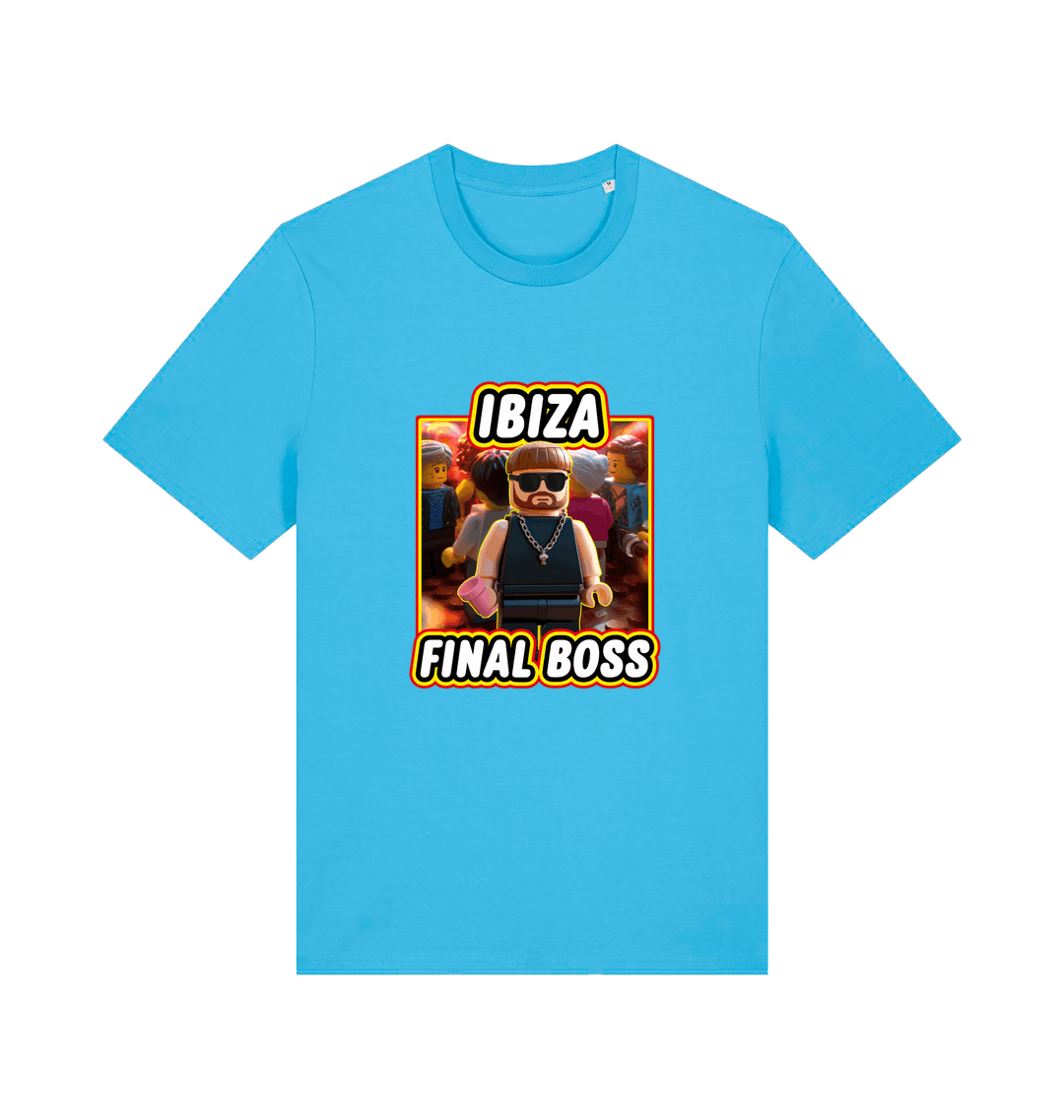 blue funny graphic t-shirt with the graphic of the viral meme ibiza final boss