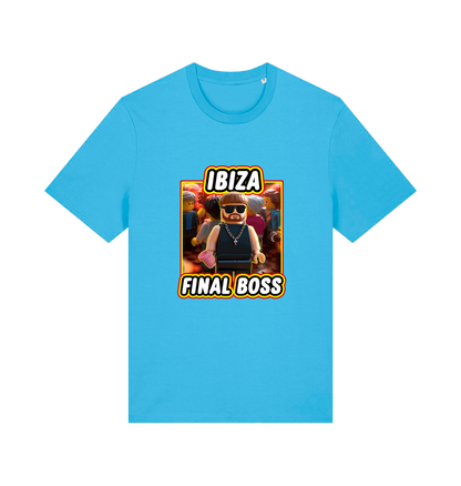 blue funny graphic t-shirt with the graphic of the viral meme ibiza final boss