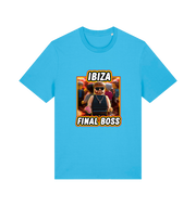 blue funny graphic t-shirt with the graphic of the viral meme ibiza final boss