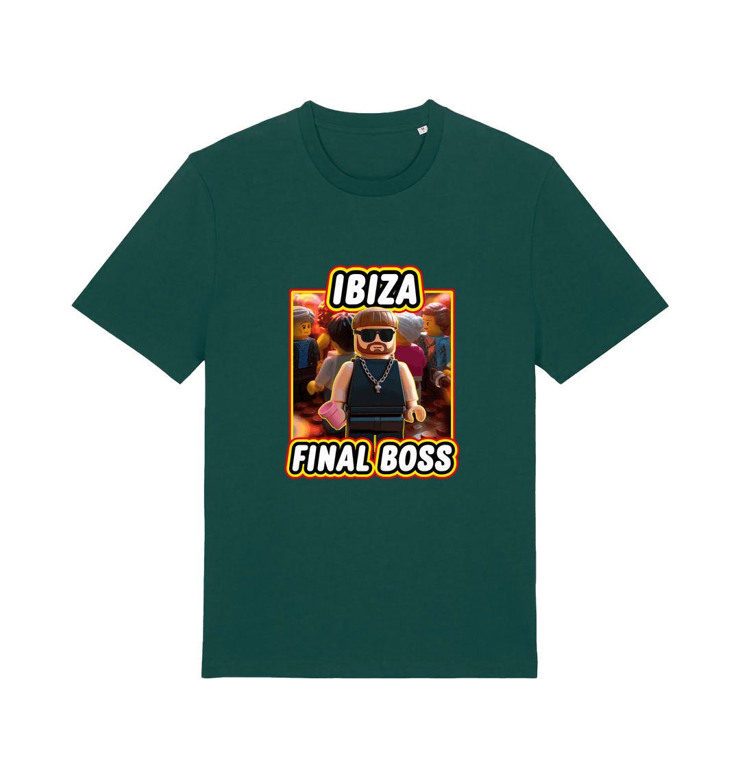 green funny graphic t-shirt with the graphic of the viral meme ibiza final boss