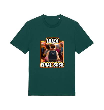 green funny graphic t-shirt with the graphic of the viral meme ibiza final boss