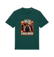 green funny graphic t-shirt with the graphic of the viral meme ibiza final boss