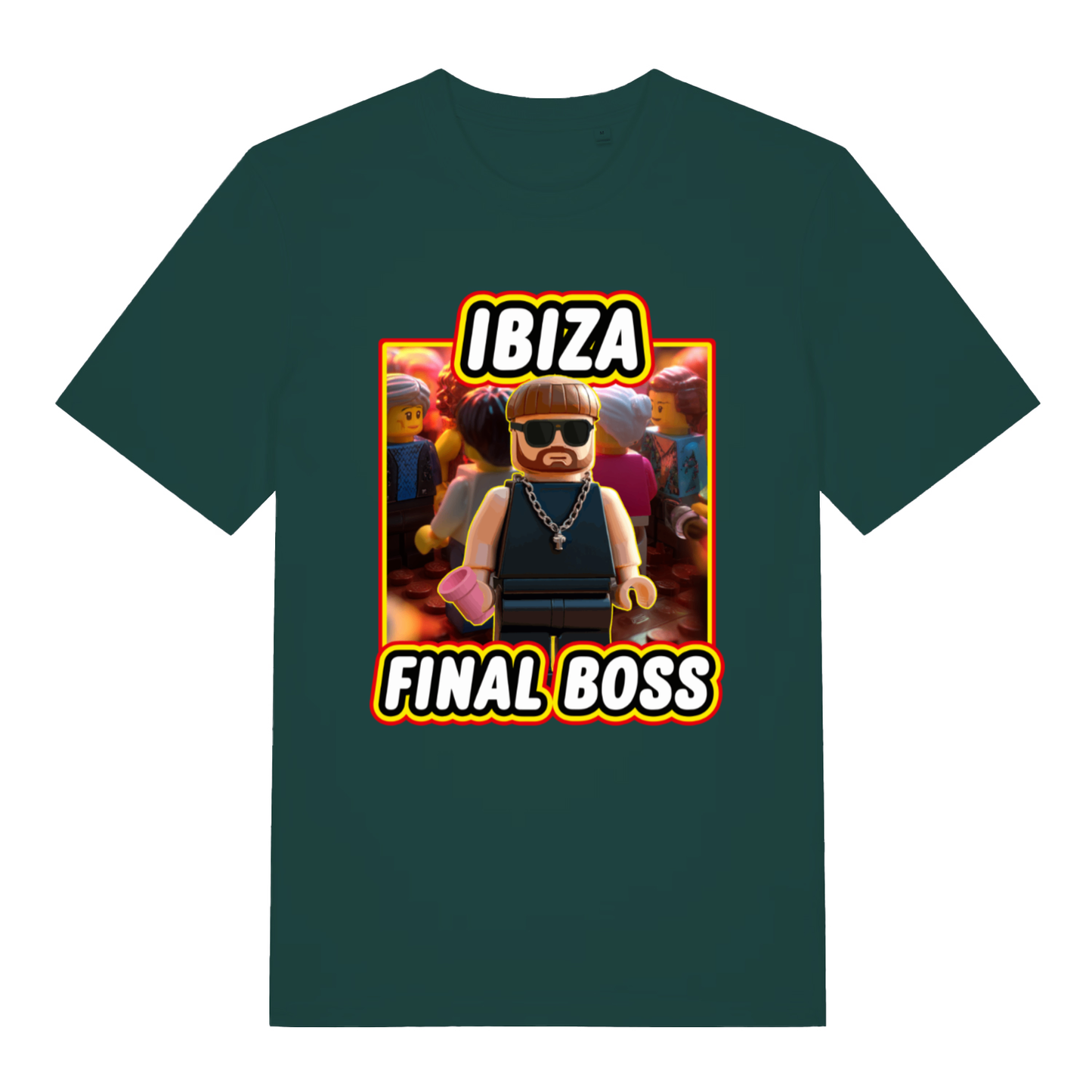 Green Ibiza Final Boss funny graphic t-shirt showing detailed Lego-style final boss design with “IBIZA FINAL BOSS” lettering  