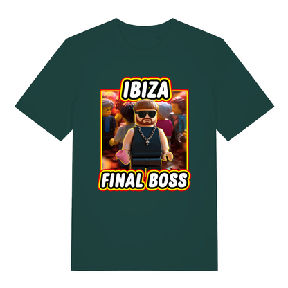 Green Ibiza Final Boss funny graphic t-shirt showing detailed Lego-style final boss design with “IBIZA FINAL BOSS” lettering  