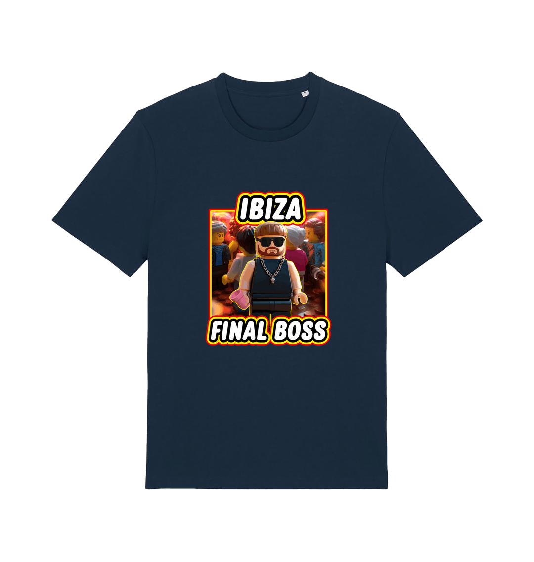 navy funny graphic t-shirt with the graphic of the viral meme ibiza final boss