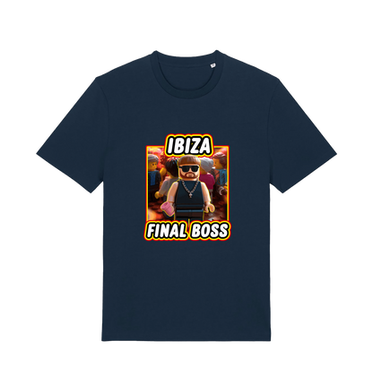 navy funny graphic t-shirt with the graphic of the viral meme ibiza final boss