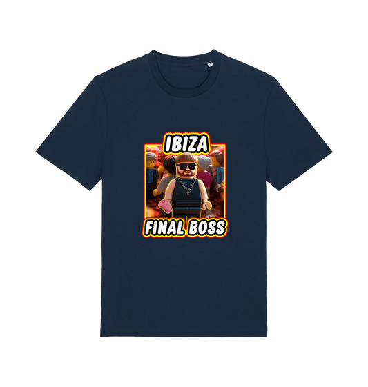 navy funny graphic t-shirt with the graphic of the viral meme ibiza final boss