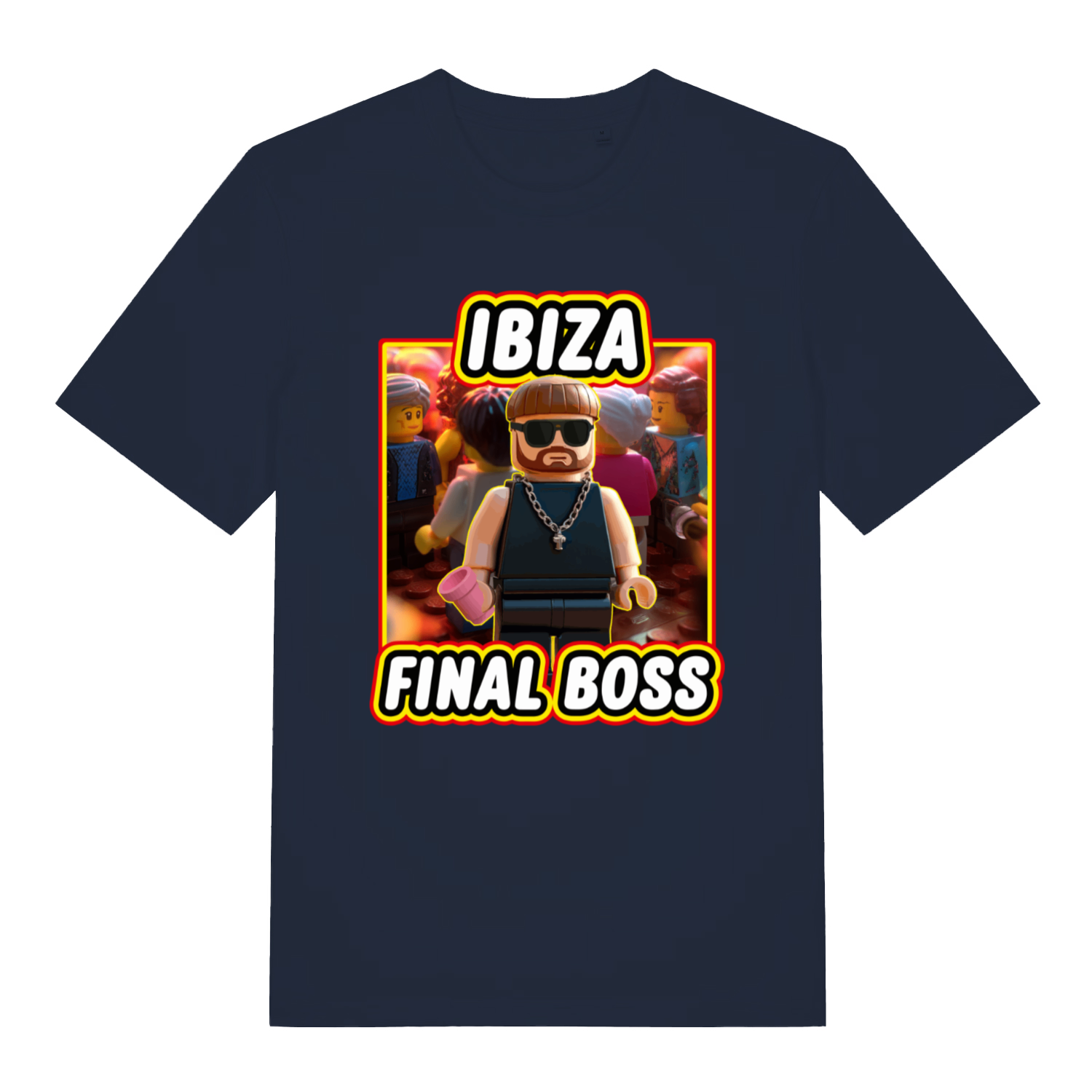 Navy Ibiza Final Boss funny graphic t-shirt with cool Lego party figure and vibrant “IBIZA FINAL BOSS” meme text  