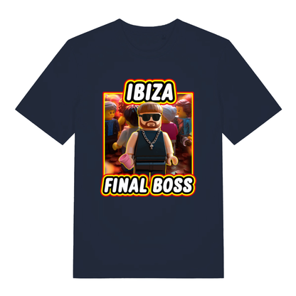 Navy Ibiza Final Boss funny graphic t-shirt with cool Lego party figure and vibrant “IBIZA FINAL BOSS” meme text  