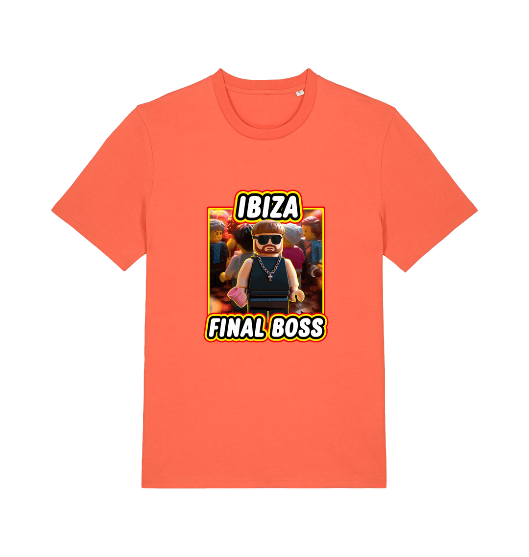 orange funny graphic t-shirt with the graphic of the viral meme ibiza final boss