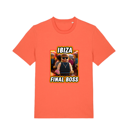 orange funny graphic t-shirt with the graphic of the viral meme ibiza final boss