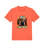 orange funny graphic t-shirt with the graphic of the viral meme ibiza final boss