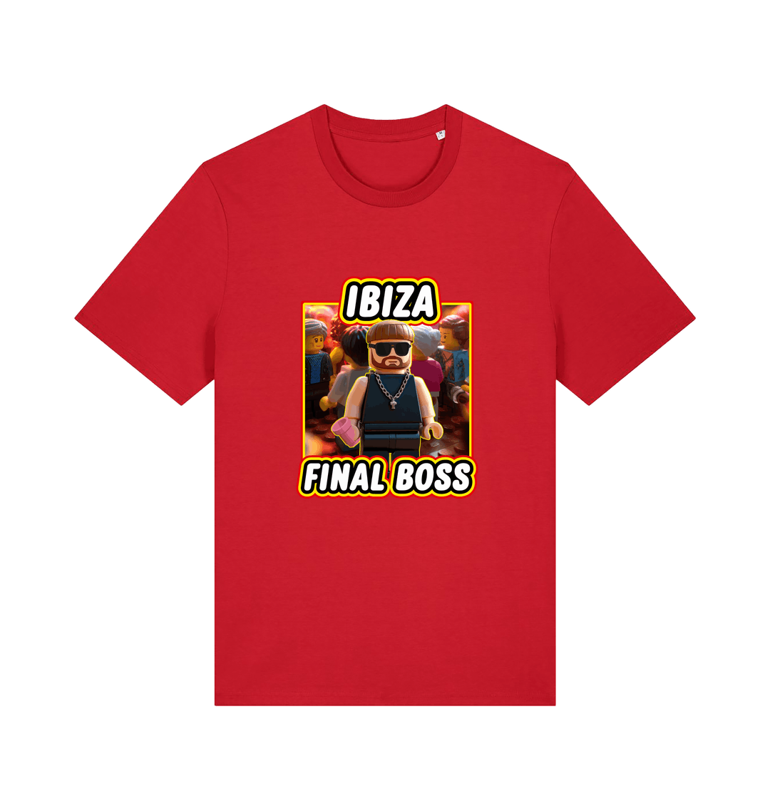 red funny graphic t-shirt with the graphic of the viral meme ibiza final boss