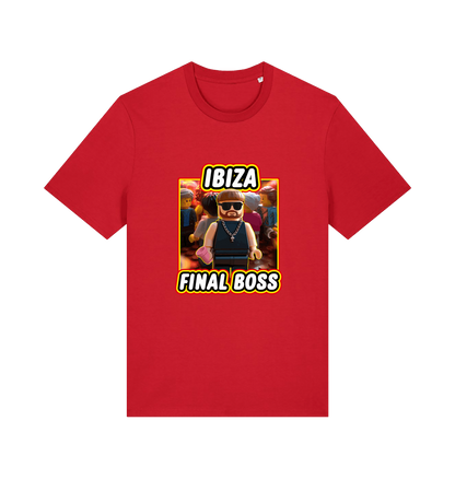 red funny graphic t-shirt with the graphic of the viral meme ibiza final boss