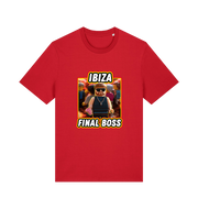 red funny graphic t-shirt with the graphic of the viral meme ibiza final boss