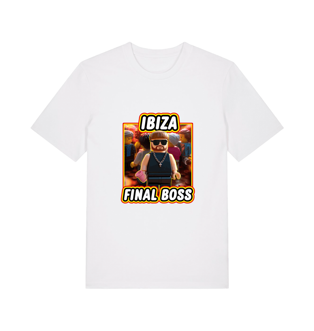 white funny graphic t-shirt with the graphic of the viral meme ibiza final boss