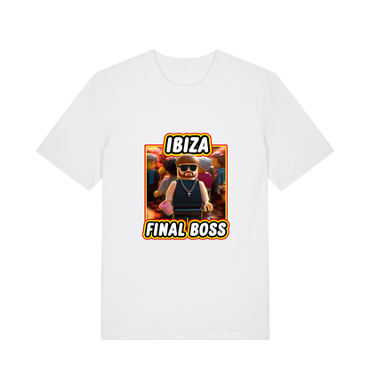 white funny graphic t-shirt with the graphic of the viral meme ibiza final boss