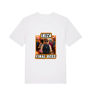 white funny graphic t-shirt with the graphic of the viral meme ibiza final boss