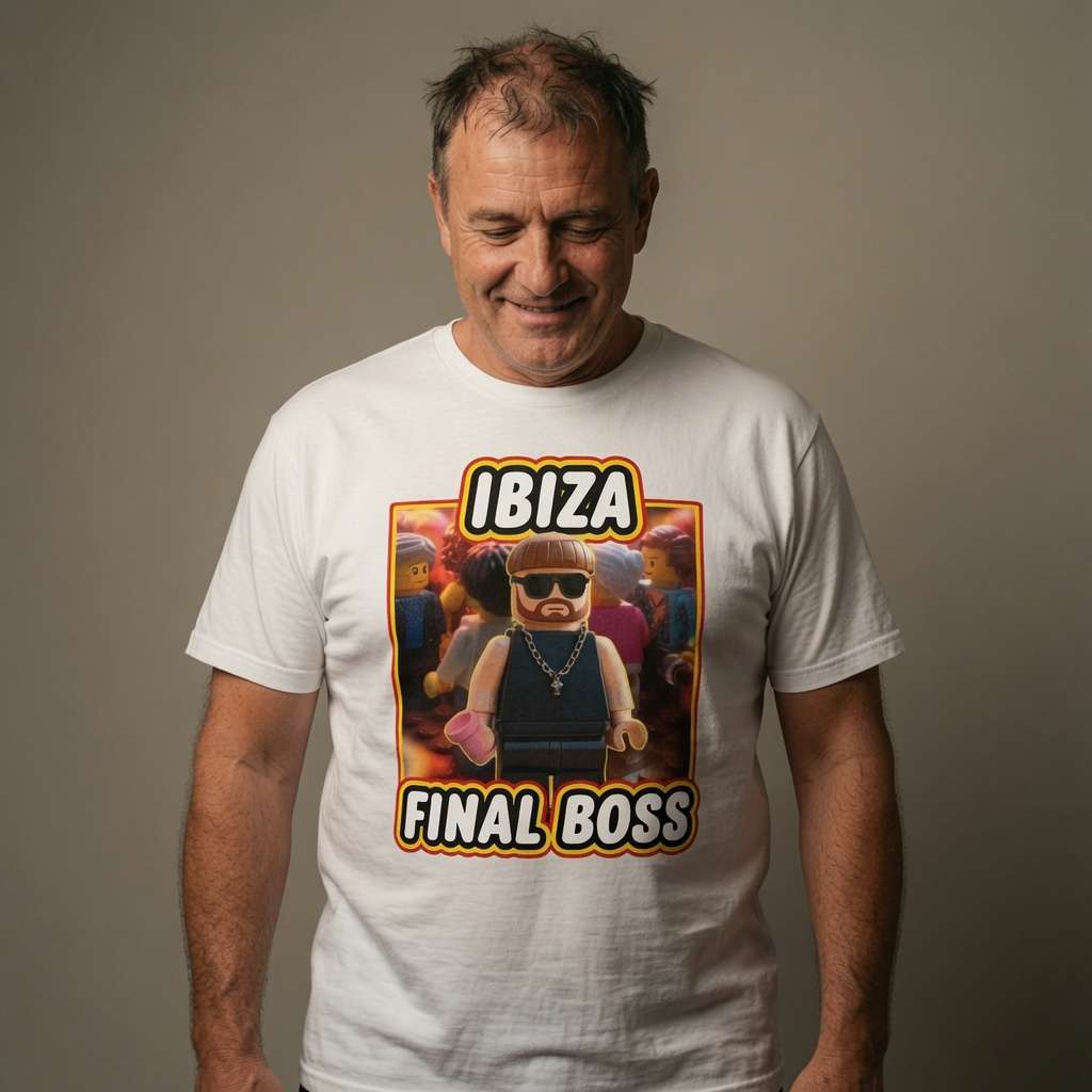 Man looking down smiling in white Ibiza Final Boss t-shirt featuring Lego-style club figure, mens fun witty viral meme