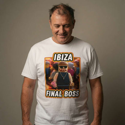 Man looking down smiling in white Ibiza Final Boss t-shirt featuring Lego-style club figure, mens fun witty viral meme
