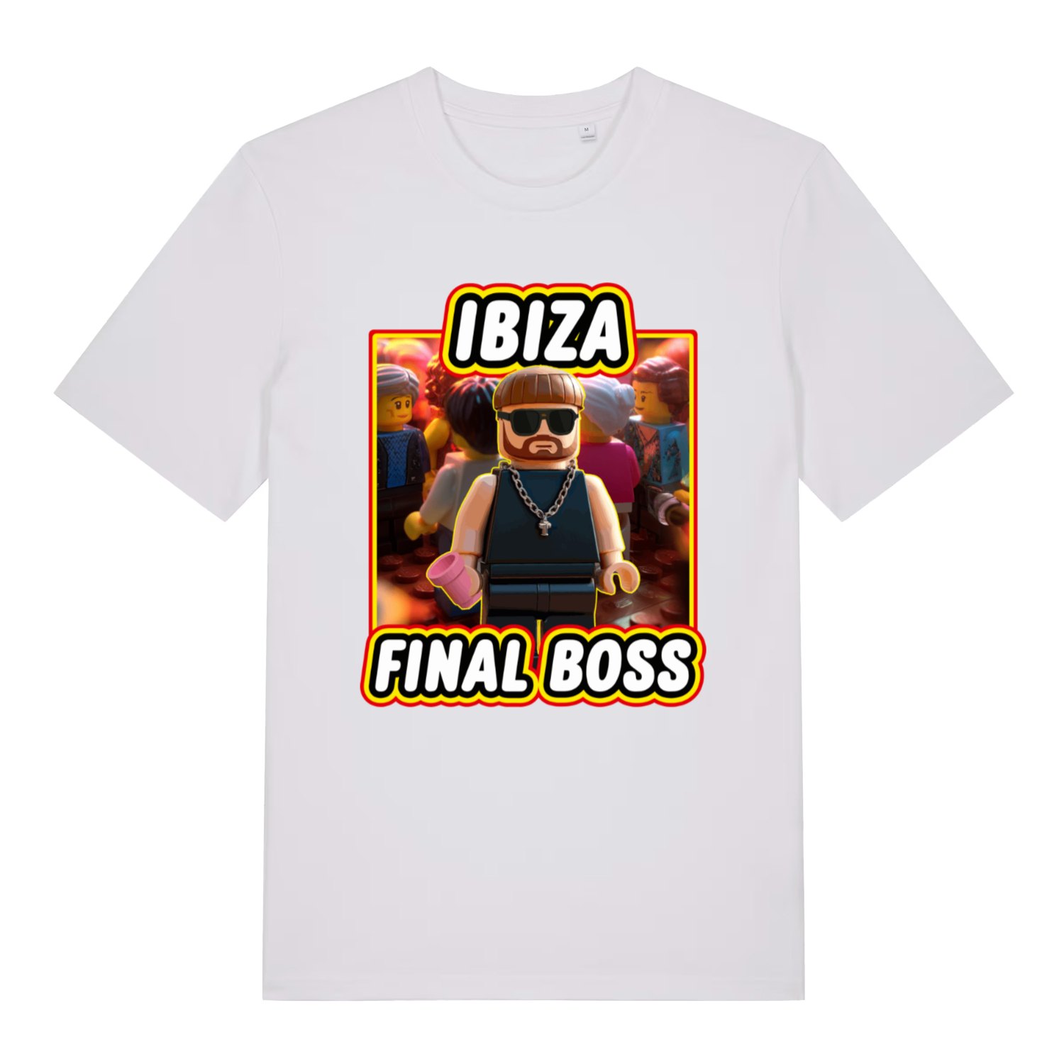 White Ibiza Final Boss funny graphic t-shirt displaying Lego-style Ibiza legend and bold “IBIZA FINAL BOSS” design  
