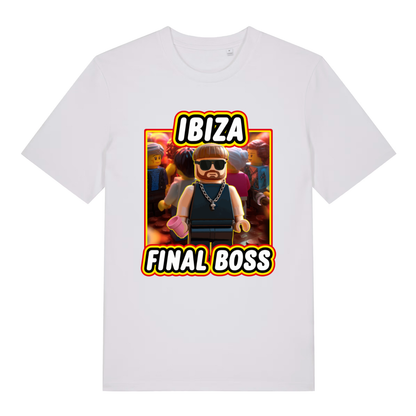 White Ibiza Final Boss funny graphic t-shirt displaying Lego-style Ibiza legend and bold “IBIZA FINAL BOSS” design  