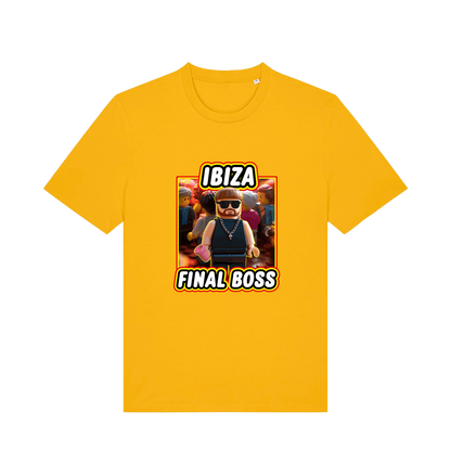 yellow funny graphic t-shirt with the graphic of the viral meme ibiza final boss