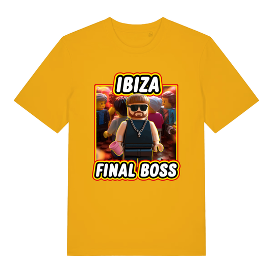 Yellow Ibiza Final Boss funny graphic t-shirt featuring bright Lego final boss graphic and “IBIZA FINAL BOSS” slogan  