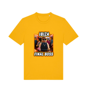 yellow funny graphic t-shirt with the graphic of the viral meme ibiza final boss