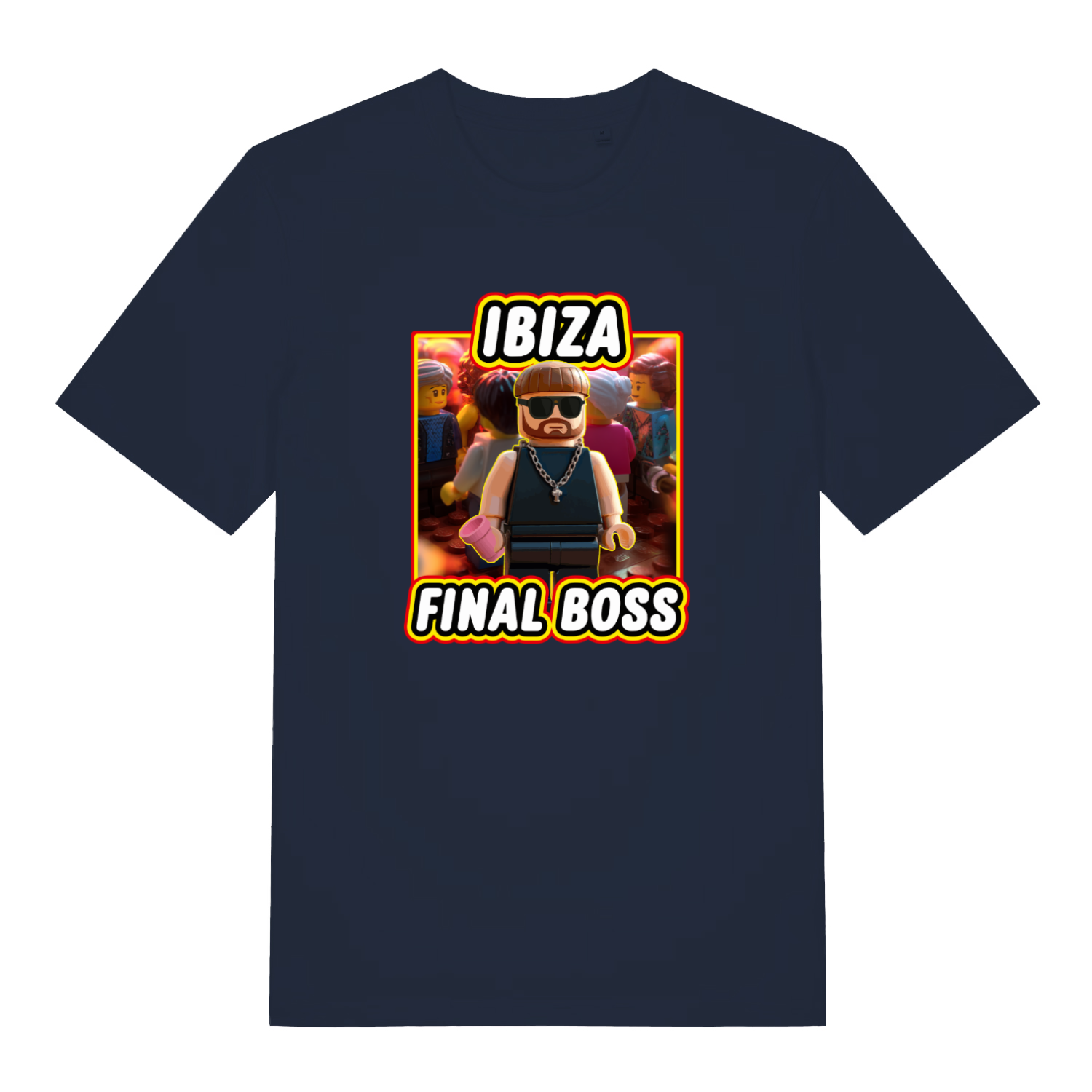 navy funny graphic t-shirt with a block brick cartoon character and the slogan 'ibiza final boss'
