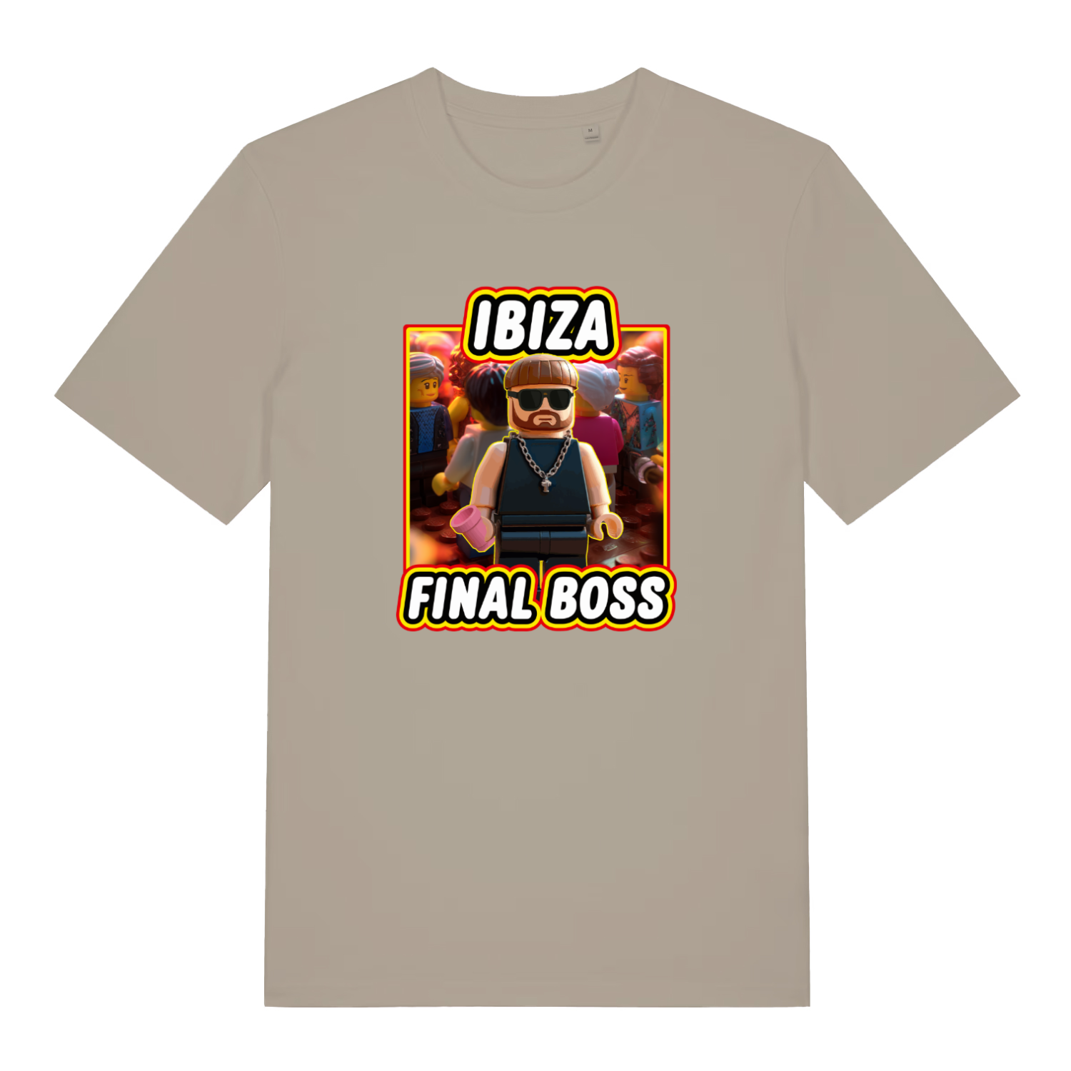 stone funny graphic t-shirt with a block brick cartoon character and the slogan 'ibiza final boss'