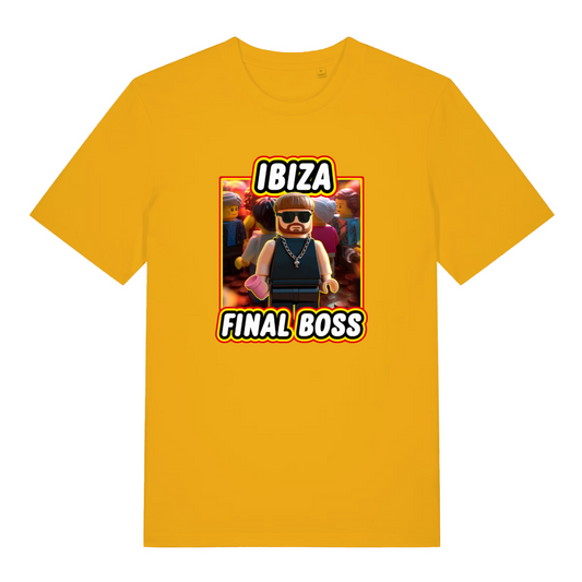 yellow funny graphic t-shirt with a block brick cartoon character and the slogan 'ibiza final boss'