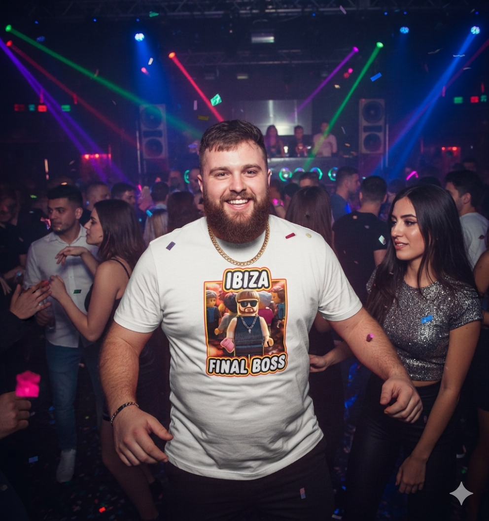 Man wearing a 'Ibiza Final Boss' t-shirt in a nightclub setting with colorful lights.