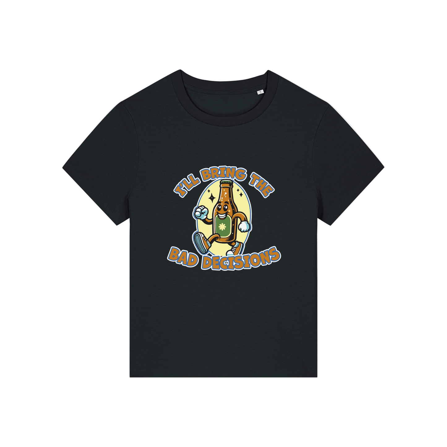 black funny graphic t-shirt with a cartoon beer bottle and the slogan 'i'll bring the bad decisions'