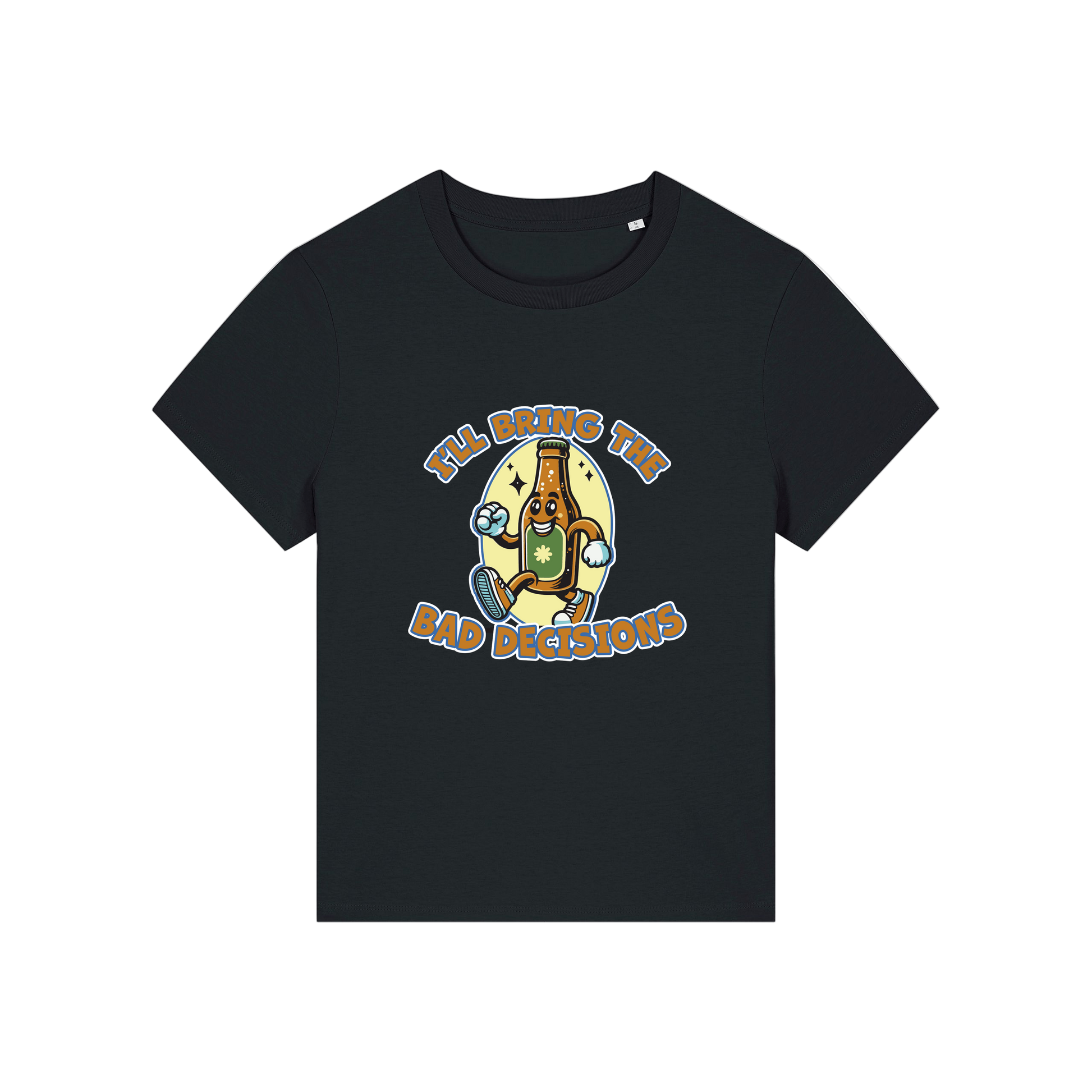 black funny graphic t-shirt with a cartoon beer bottle and the slogan 'i'll bring the bad decisions'