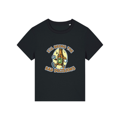 black funny graphic t-shirt with a cartoon beer bottle and the slogan 'i'll bring the bad decisions'