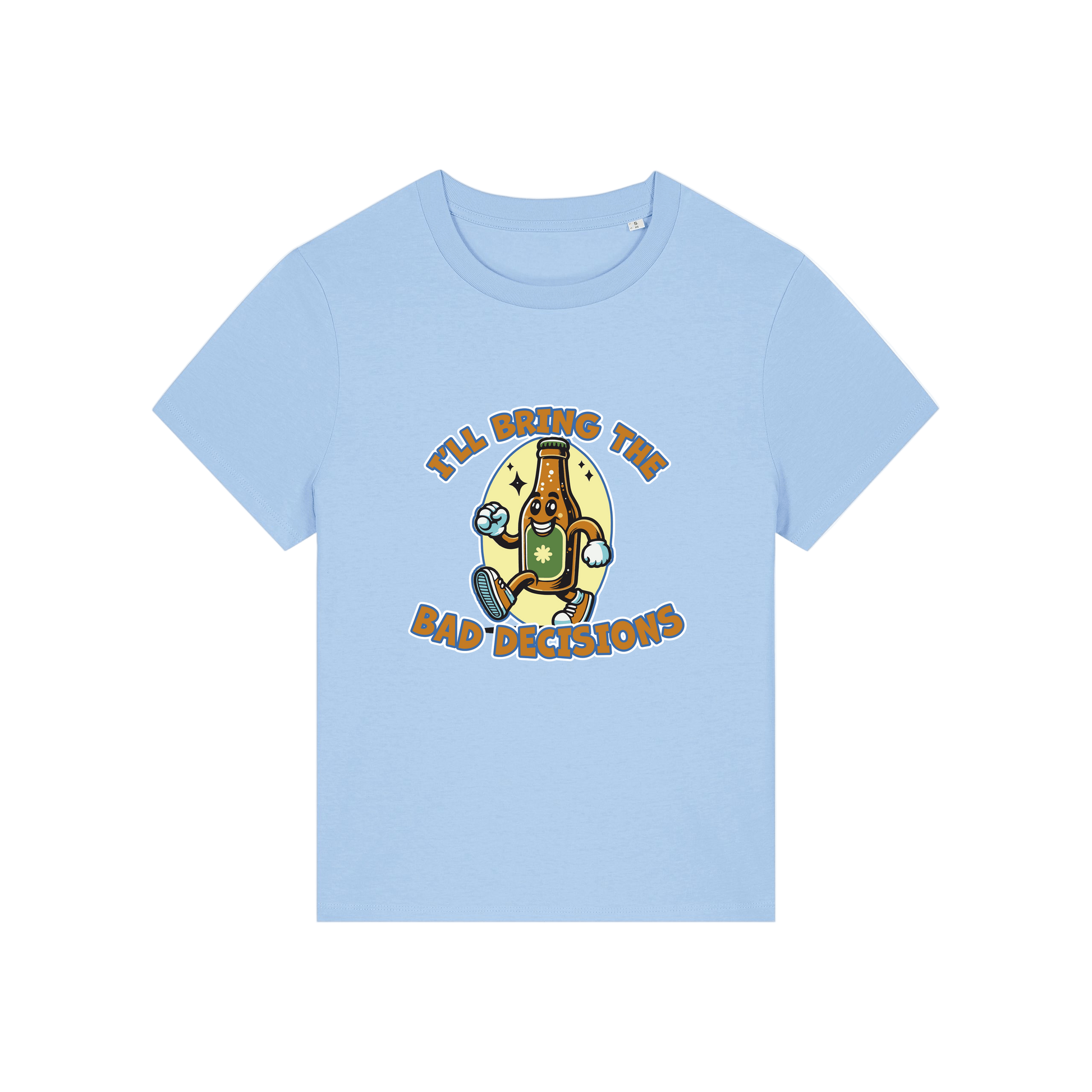 light blue funny graphic t-shirt with a cartoon beer bottle and the slogan 'i'll bring the bad decisions'