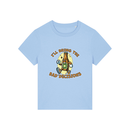 light blue funny graphic t-shirt with a cartoon beer bottle and the slogan 'i'll bring the bad decisions'