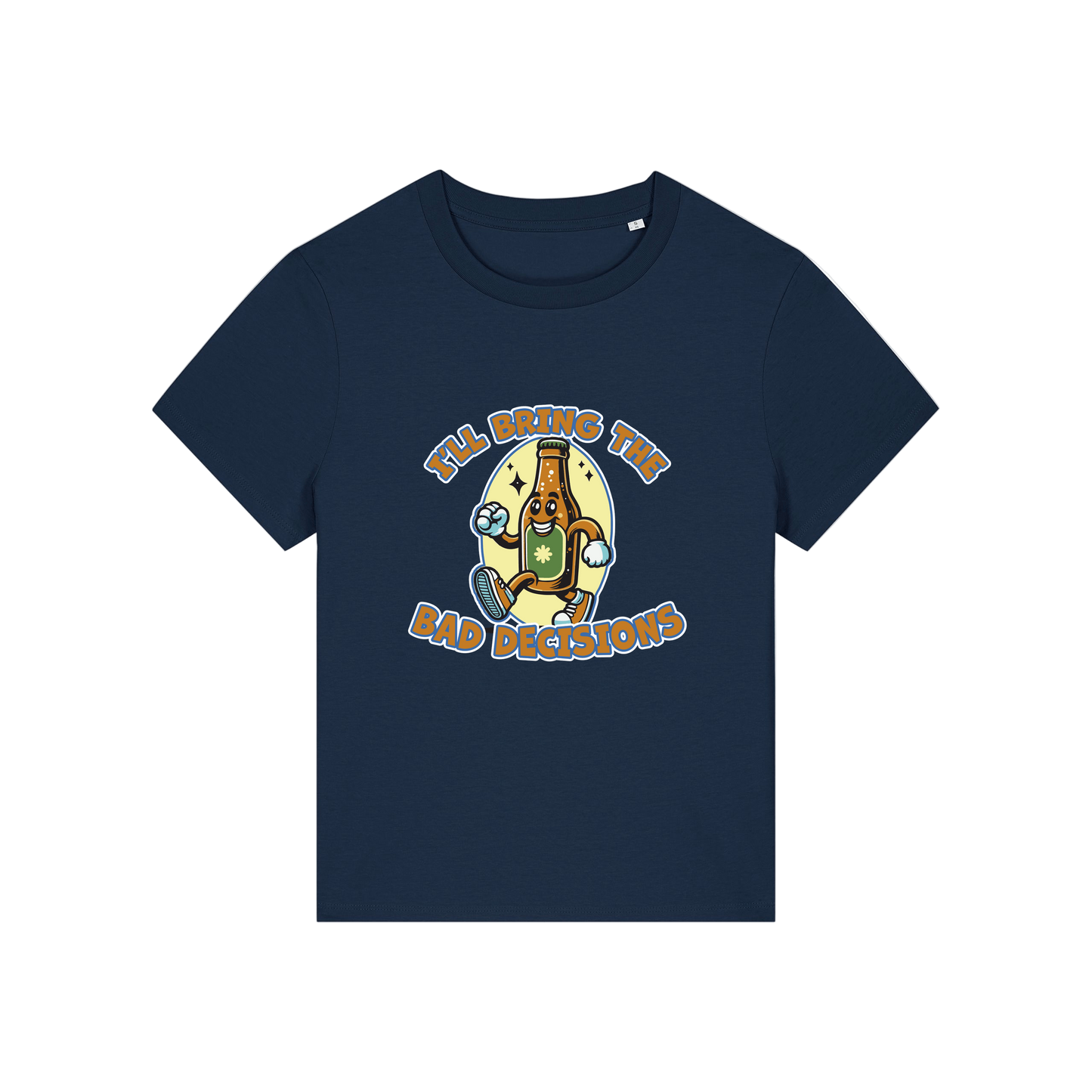 navy funny graphic t-shirt with a cartoon beer bottle and the slogan 'i'll bring the bad decisions'