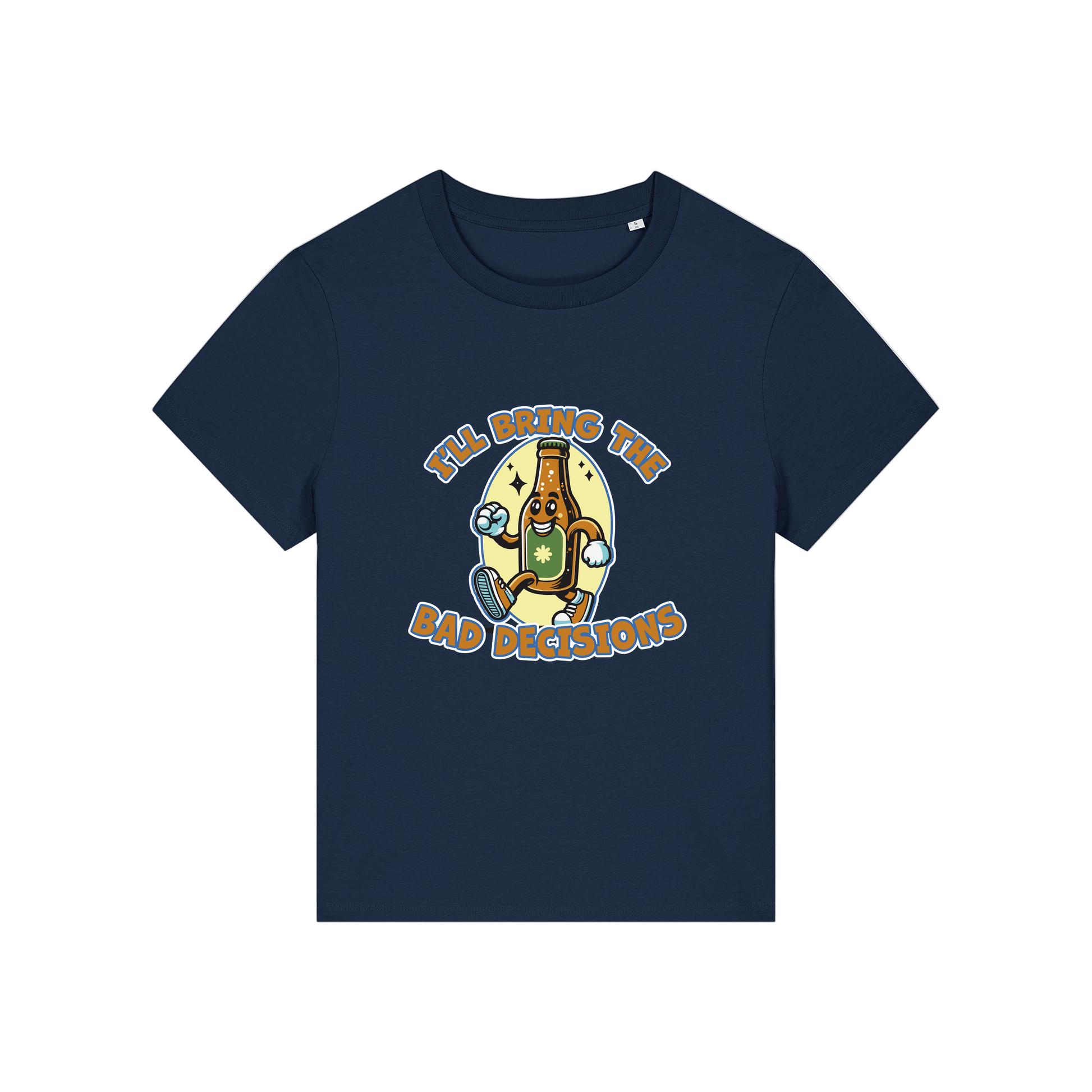 navy funny graphic t-shirt with a cartoon beer bottle and the slogan 'i'll bring the bad decisions'