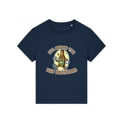 navy funny graphic t-shirt with a cartoon beer bottle and the slogan 'i'll bring the bad decisions'
