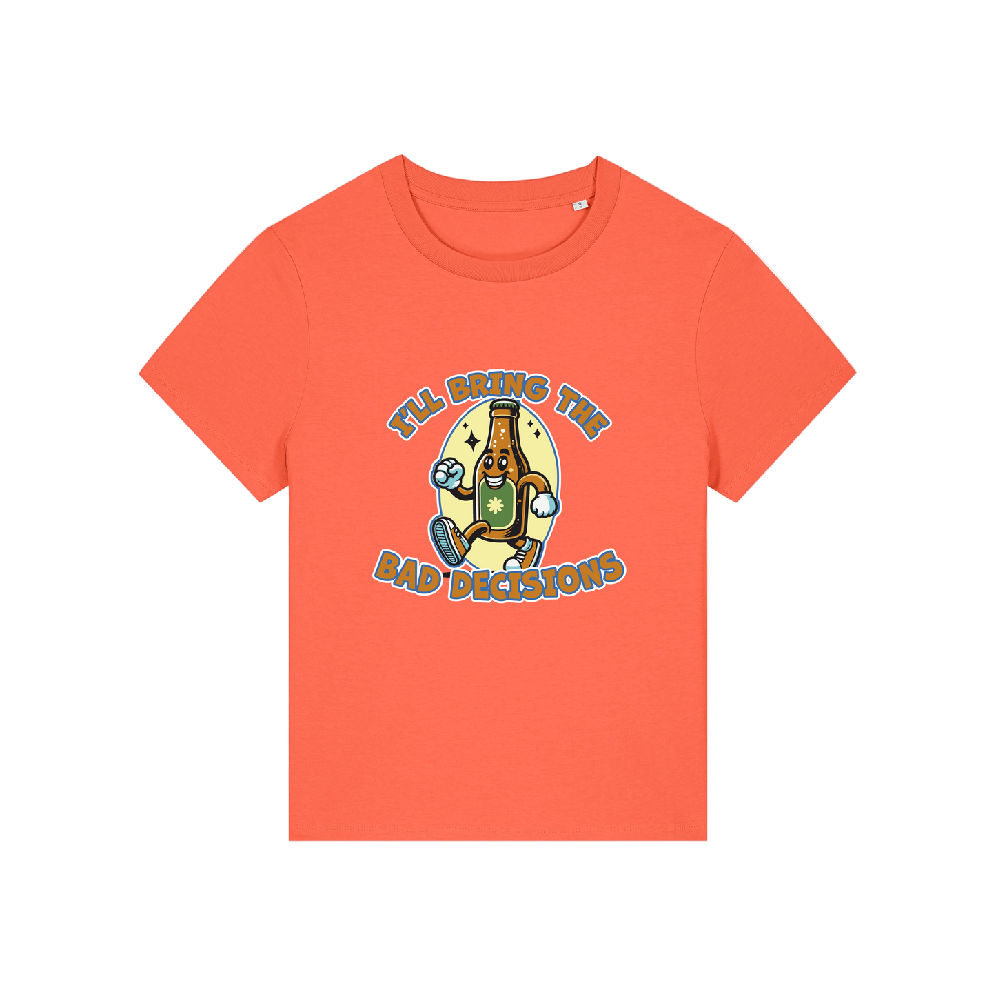 orange funny graphic t-shirt with a cartoon beer bottle and the slogan 'i'll bring the bad decisions'