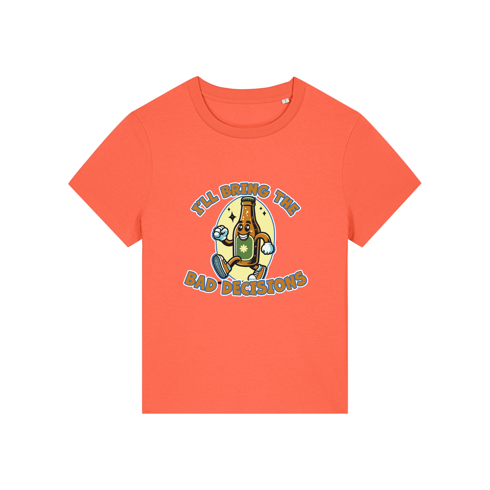 orange funny graphic t-shirt with a cartoon beer bottle and the slogan 'i'll bring the bad decisions'