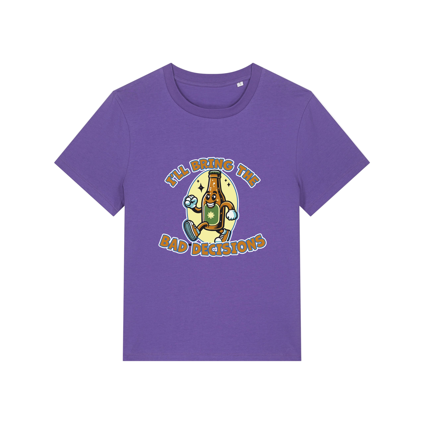 purple funny graphic t-shirt with a cartoon beer bottle and the slogan 'i'll bring the bad decisions'
