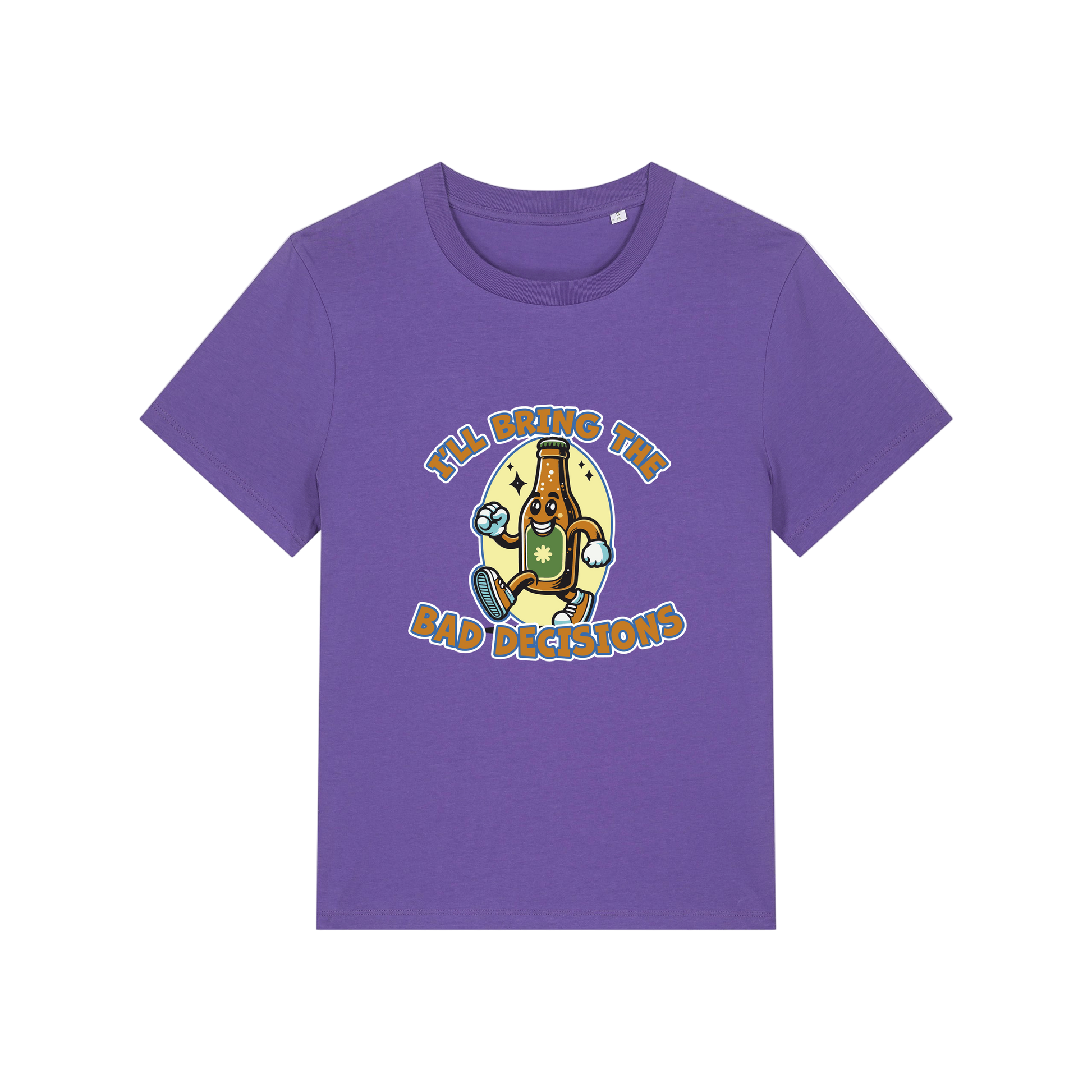 purple funny graphic t-shirt with a cartoon beer bottle and the slogan 'i'll bring the bad decisions'
