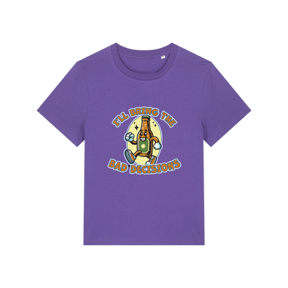 purple funny graphic t-shirt with a cartoon beer bottle and the slogan 'i'll bring the bad decisions'