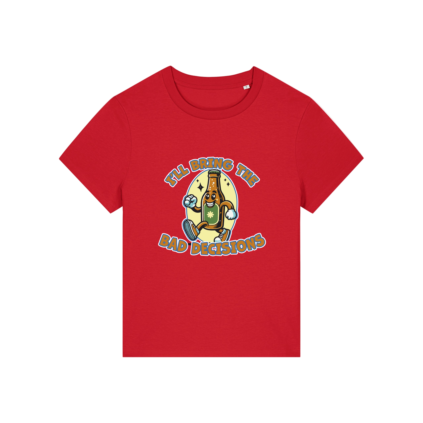 red funny graphic t-shirt with a cartoon beer bottle and the slogan 'i'll bring the bad decisions'